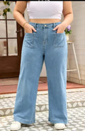 Dusk Blue Patched Pocket Textured Wide Leg Plus Size Jeans