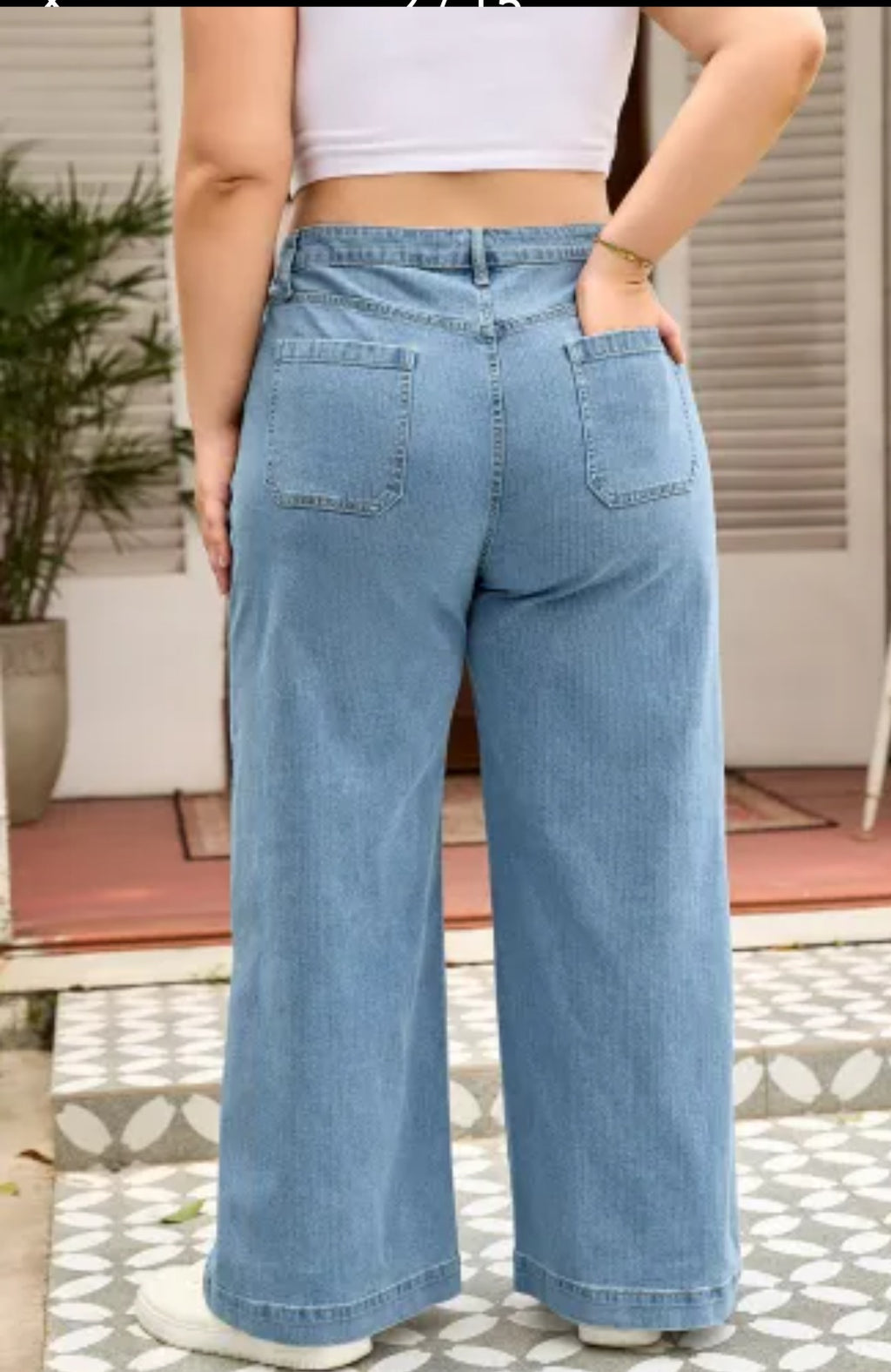 Dusk Blue Patched Pocket Textured Wide Leg Plus Size Jeans