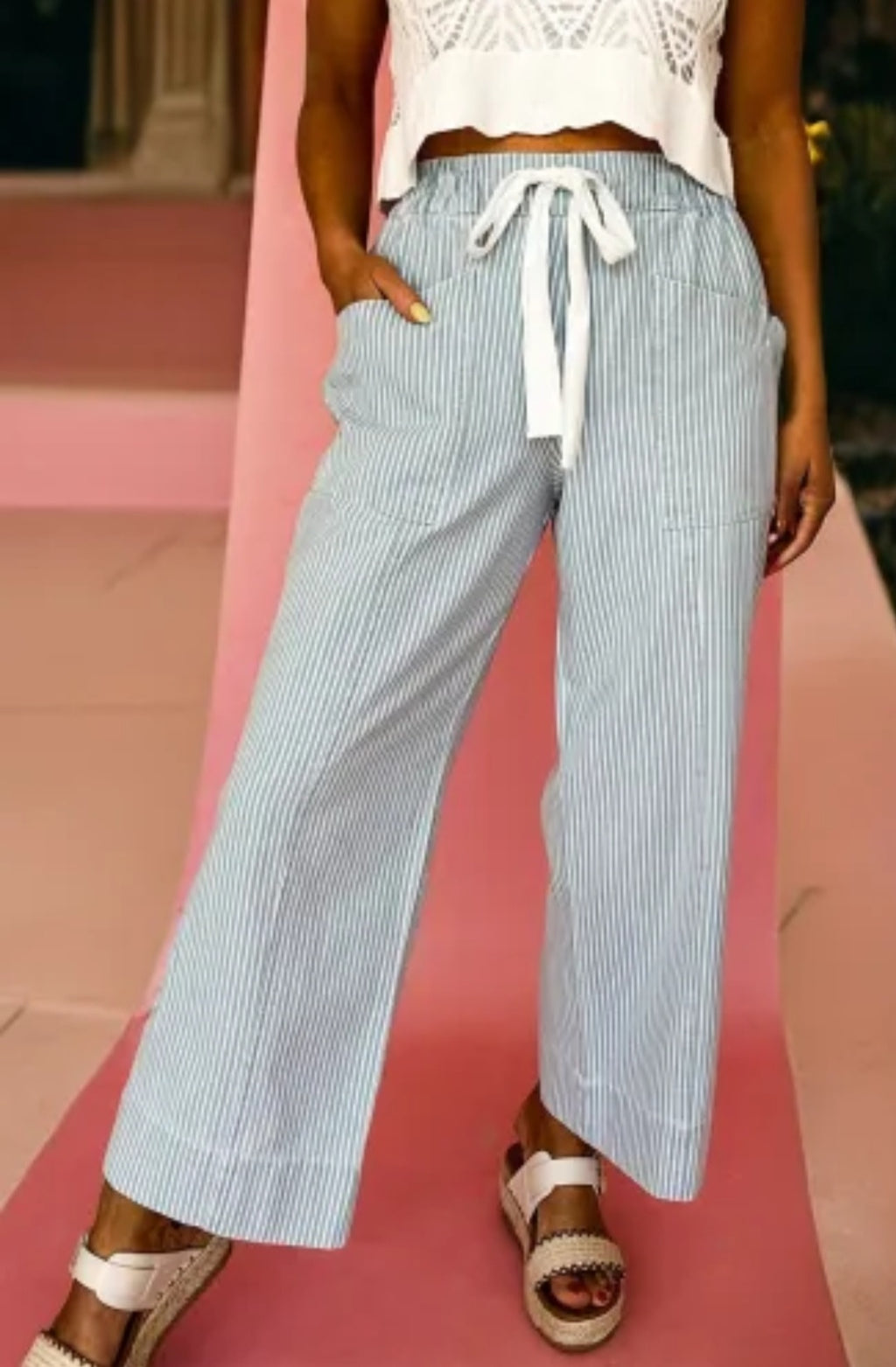 Sky Blue Stripe Mid Rise Drawstring Waist Jeans
