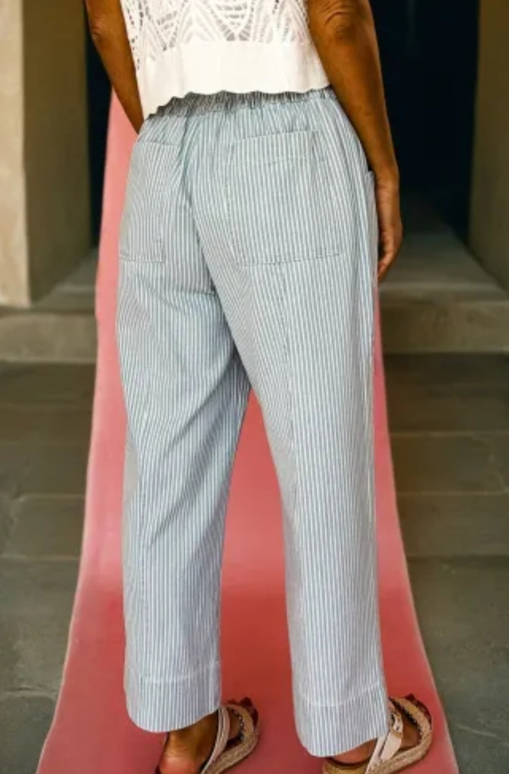 Sky Blue Stripe Mid Rise Drawstring Waist Jeans