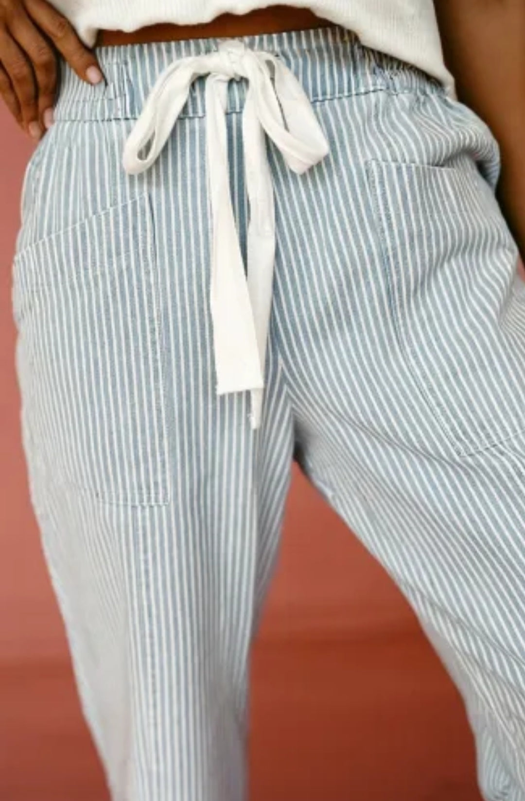 Sky Blue Stripe Mid Rise Drawstring Waist Jeans