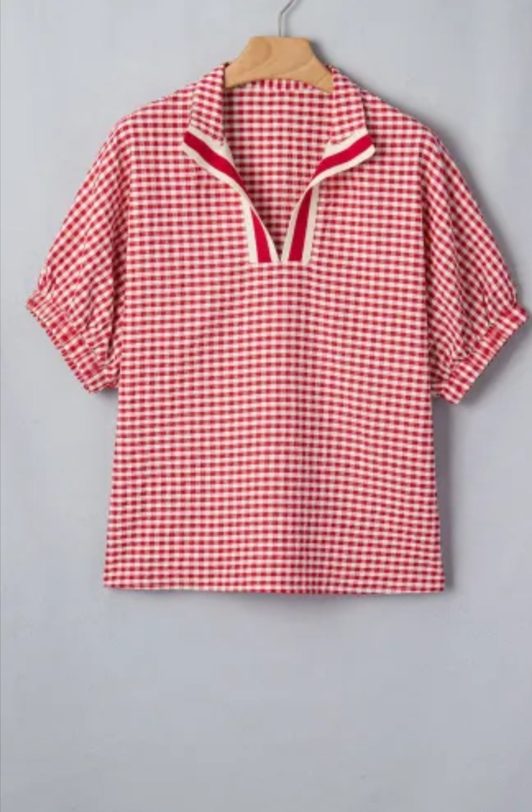 Red Plaid Short Sleeve Colorblock Trim Split Neck Blouse