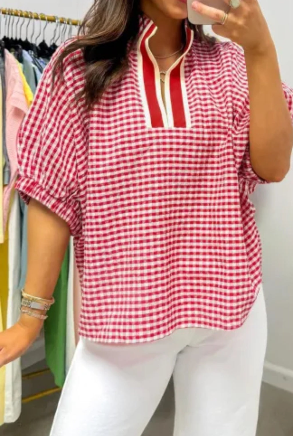 Red Plaid Short Sleeve Colorblock Trim Split Neck Blouse