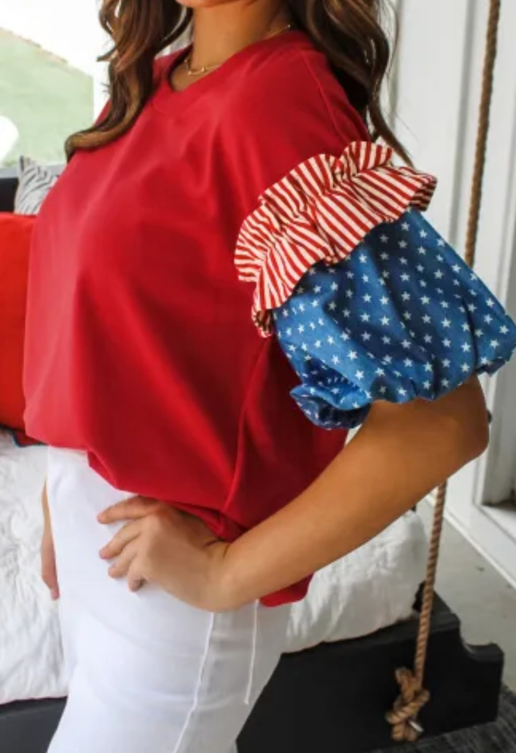 Fiery Red Stars Stripes Short Puff Sleeve Top