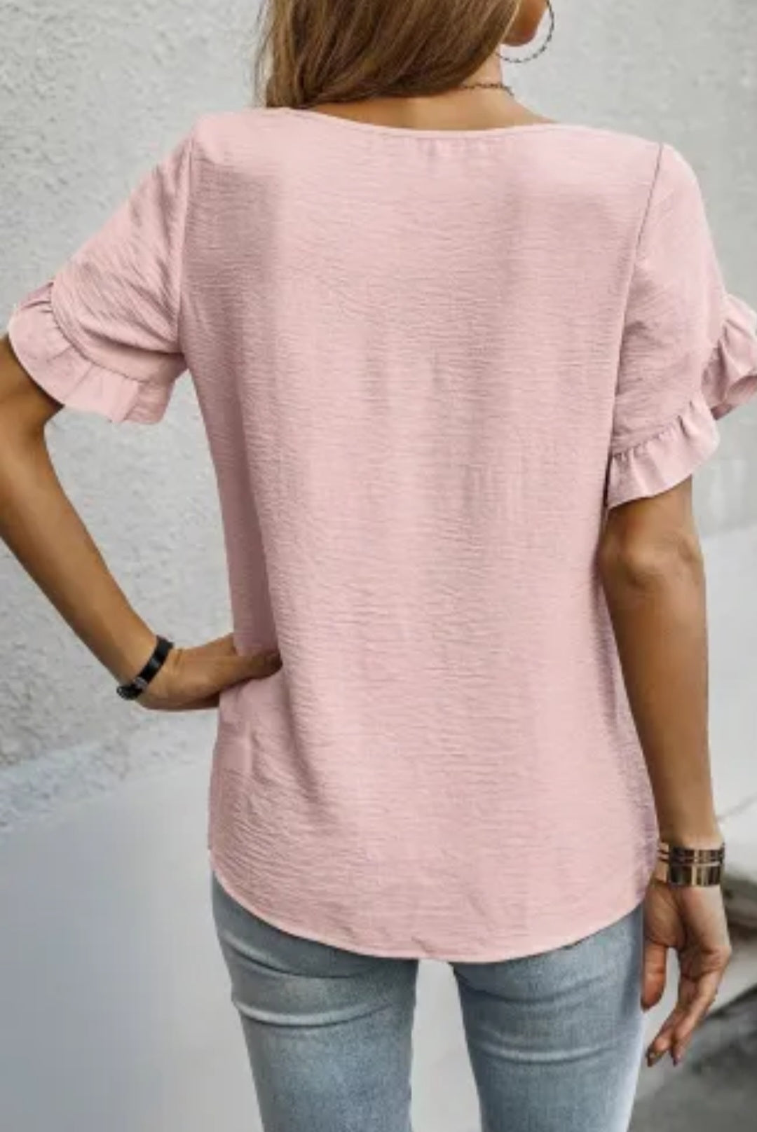 Light Pink Solid Color Ruffle Trim Short Sleeve Blouse