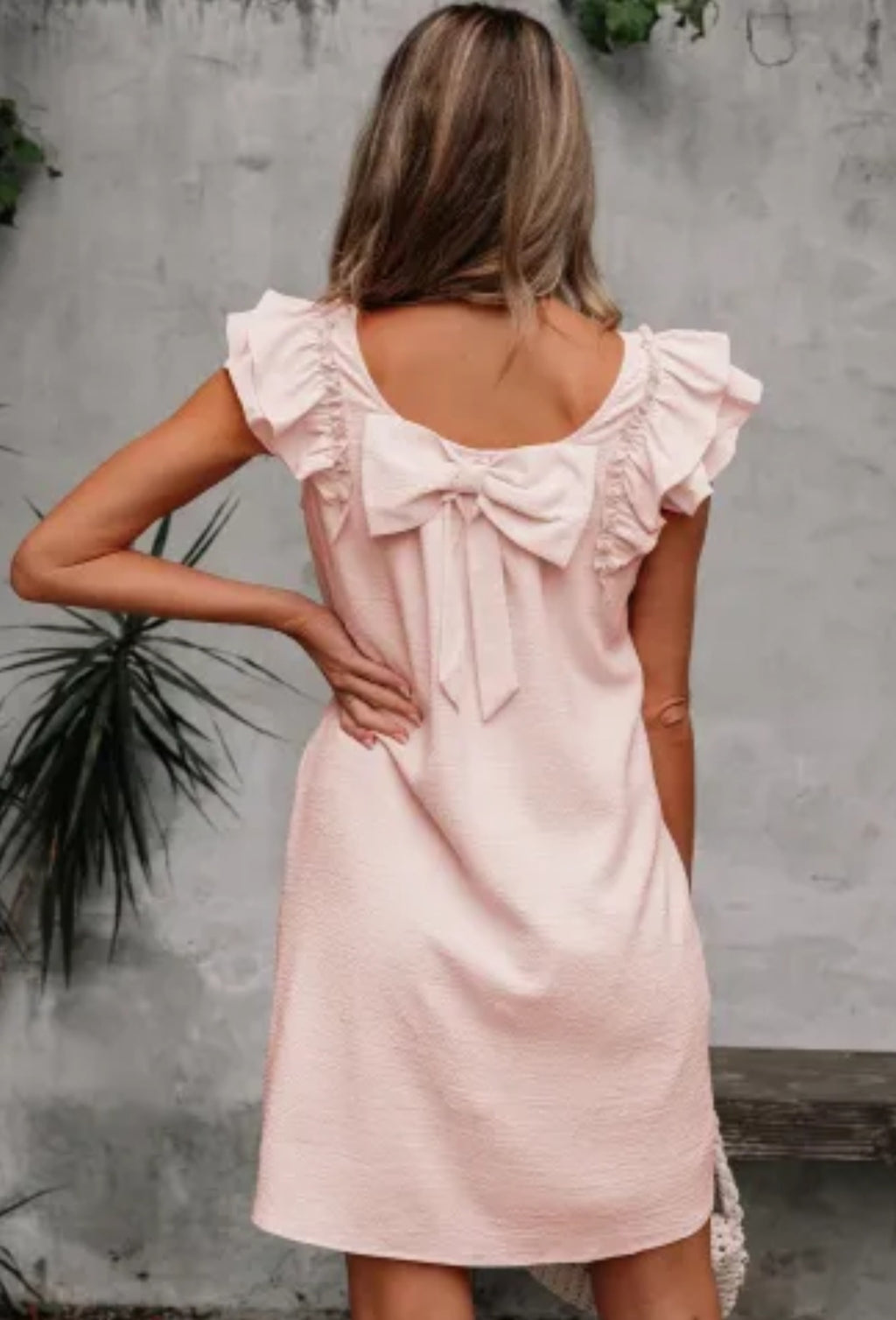 Light Pink Textured Flutter Sleeve Square Neck Bow Back Mini Dress