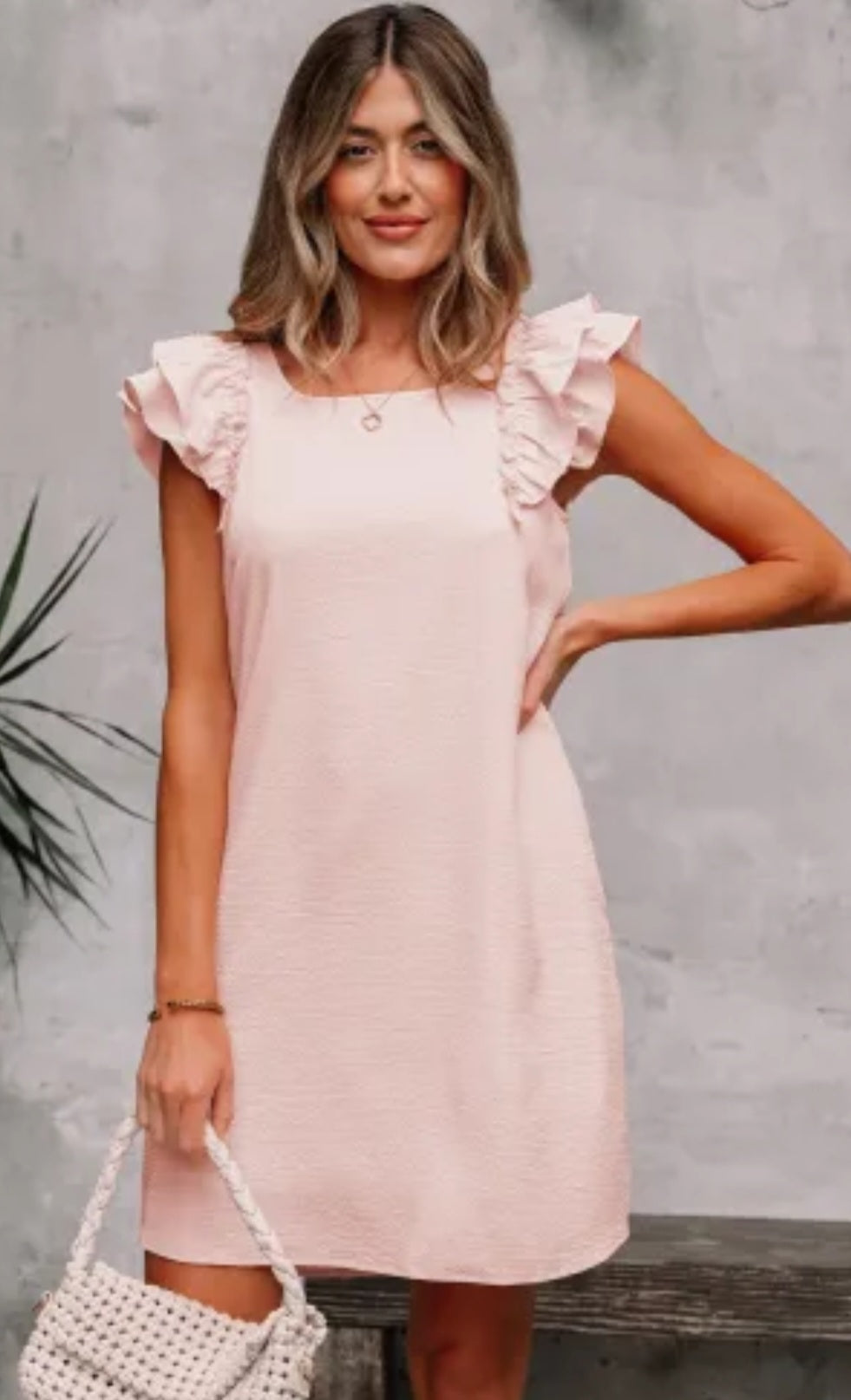 Light Pink Textured Flutter Sleeve Square Neck Bow Back Mini Dress