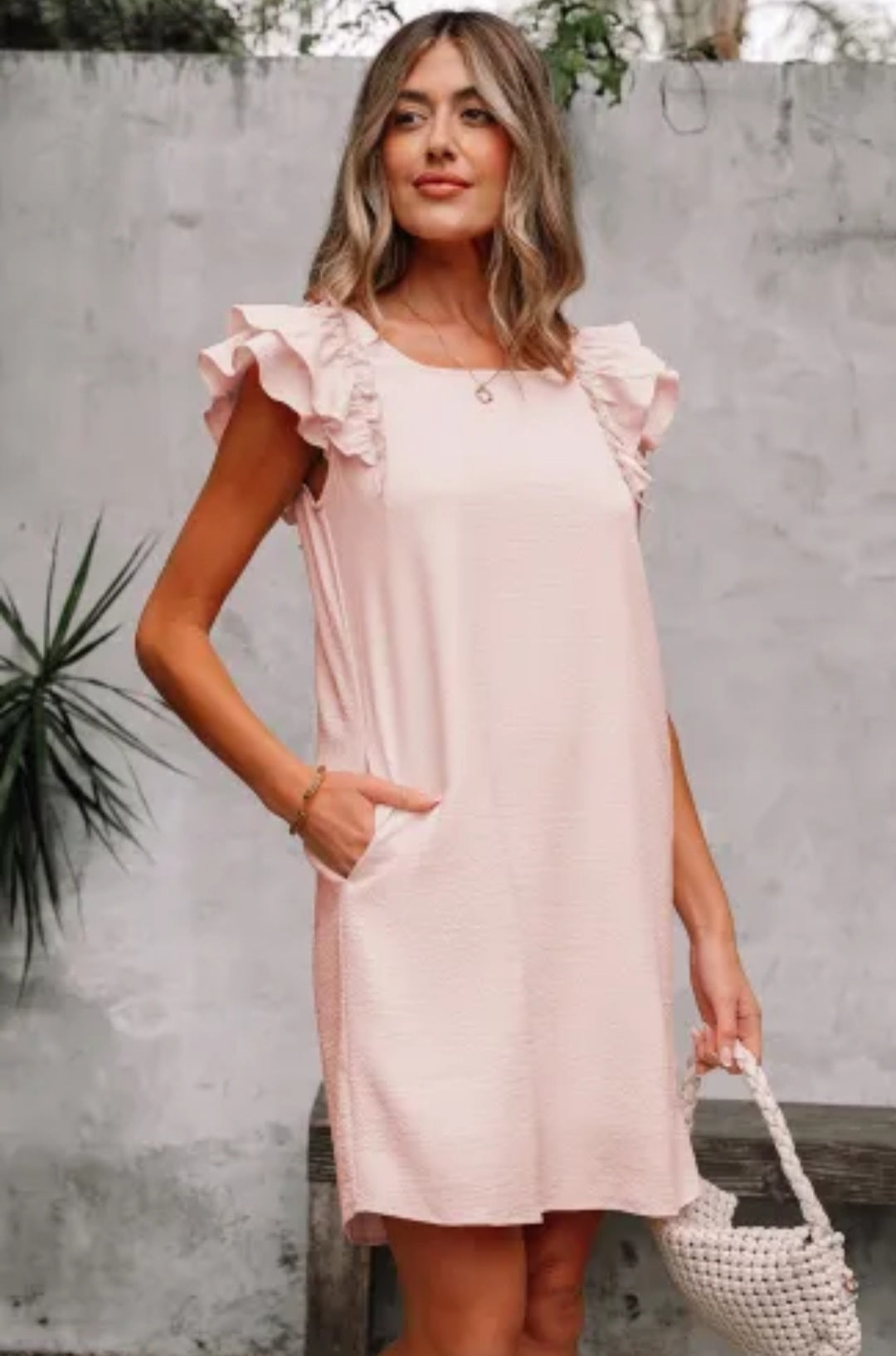 Light Pink Textured Flutter Sleeve Square Neck Bow Back Mini Dress