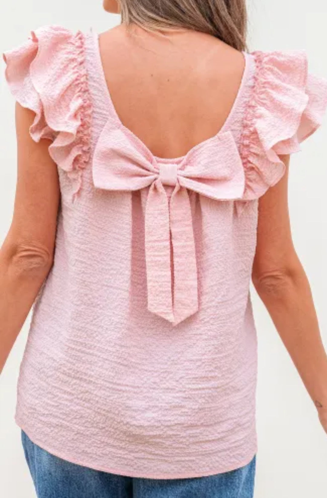Gossamer Pink Textured Bow Knot Frilled Butterfly Sleeve Blouse