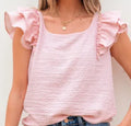 Gossamer Pink Textured Bow Knot Frilled Butterfly Sleeve Blouse