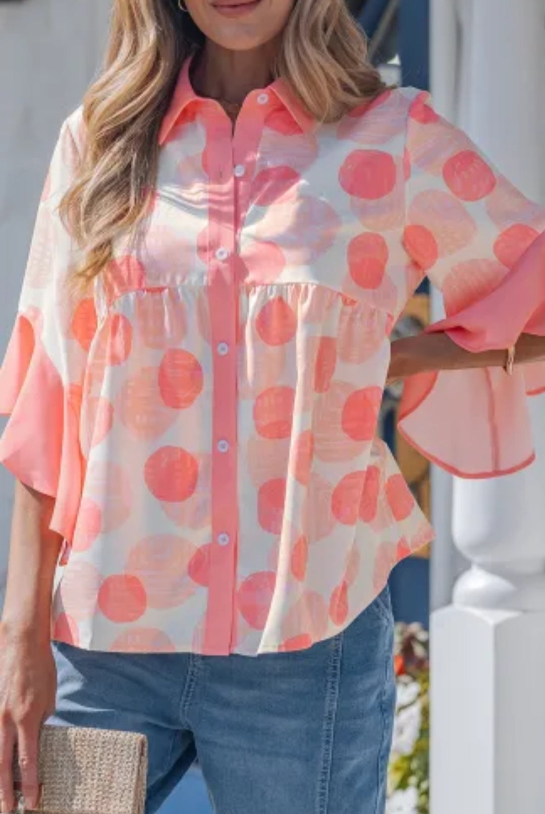Pink Double Polka Dot Printed Ruffle Trim Short Sleeve Babydoll Shirt