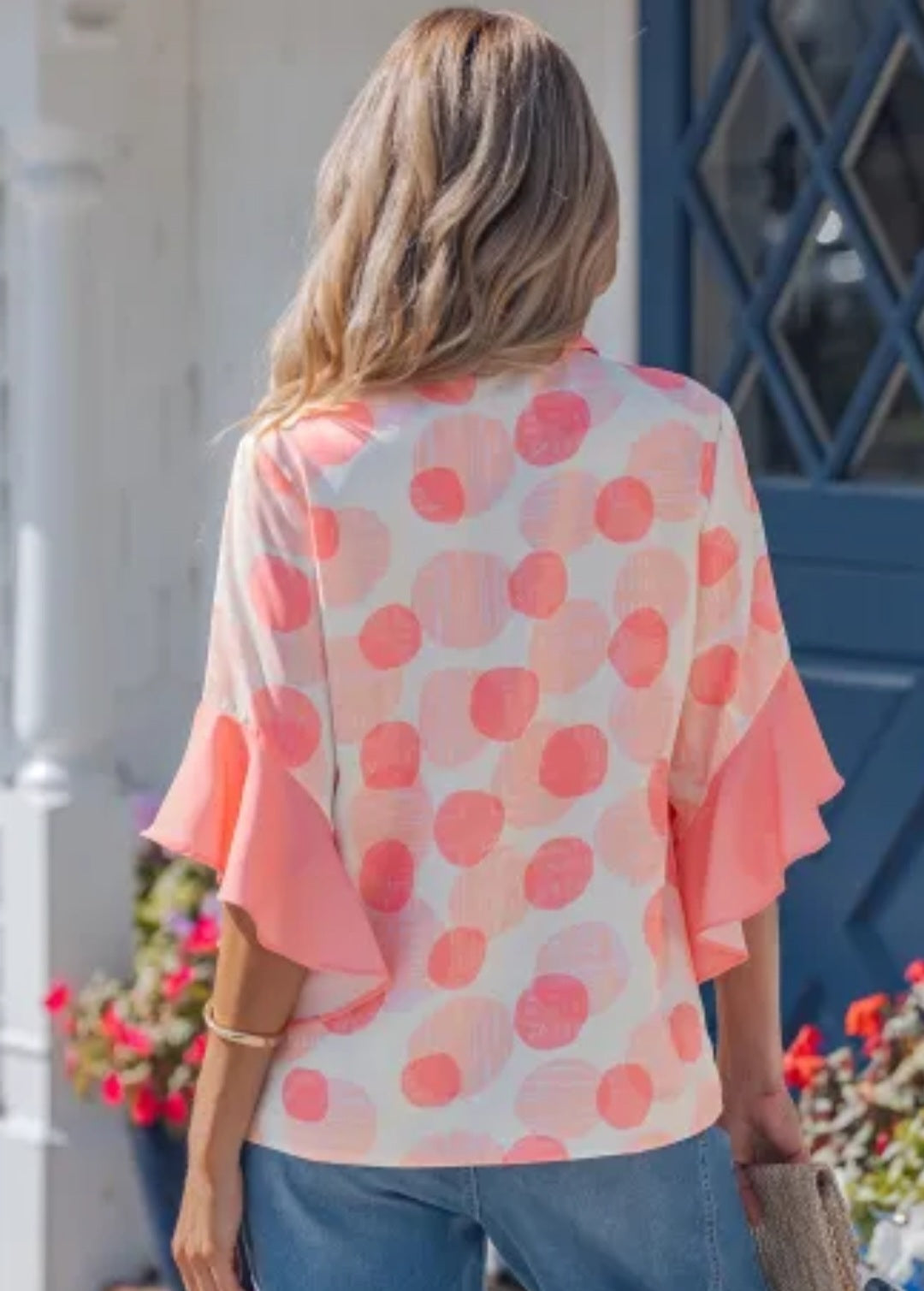 Pink Double Polka Dot Printed Ruffle Trim Short Sleeve Babydoll Shirt