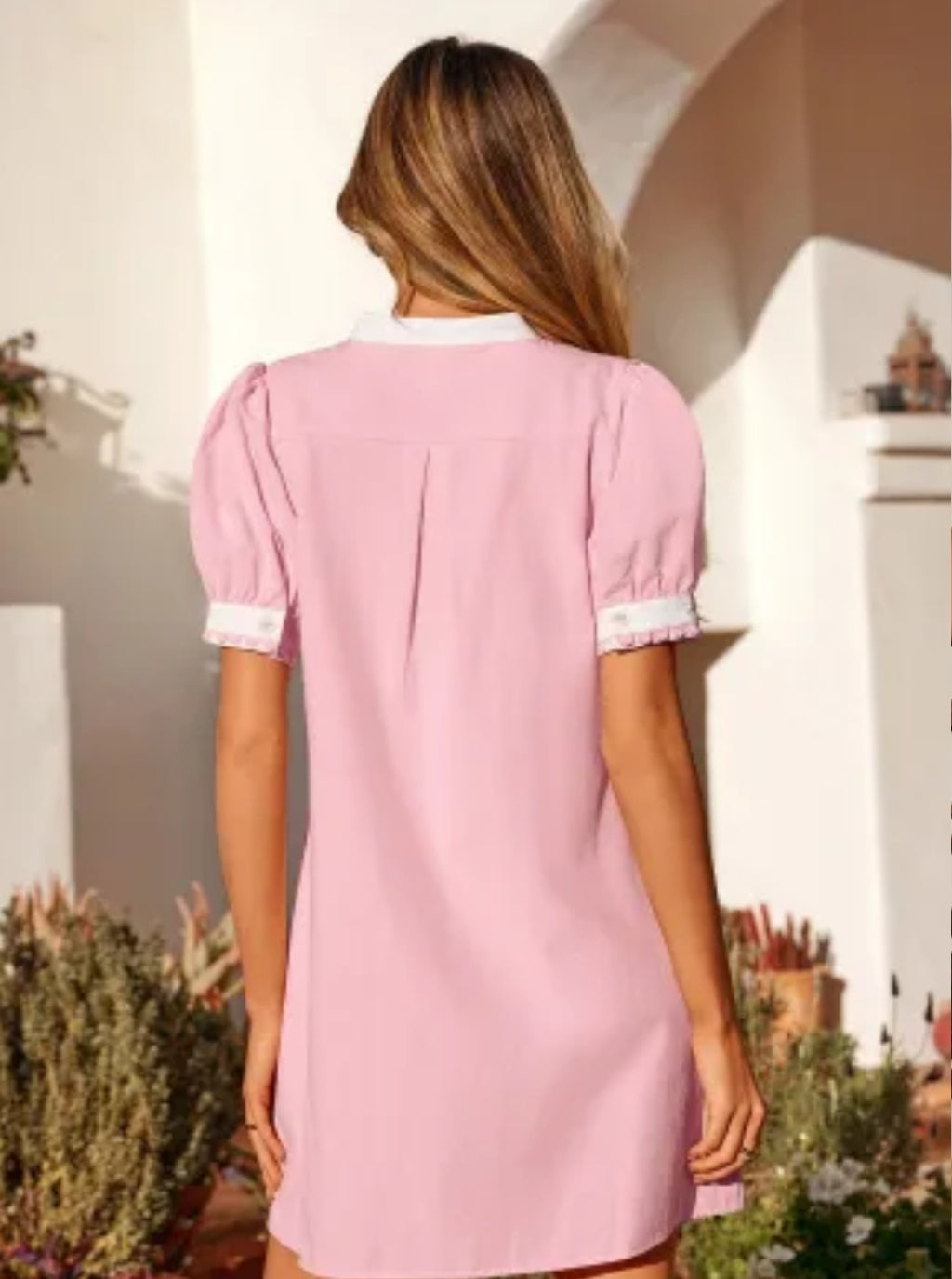 Light Pink Scallop Color Block Trim Puff Sleeve Mini Dress
