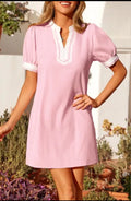 Light Pink Scallop Color Block Trim Puff Sleeve Mini Dress
