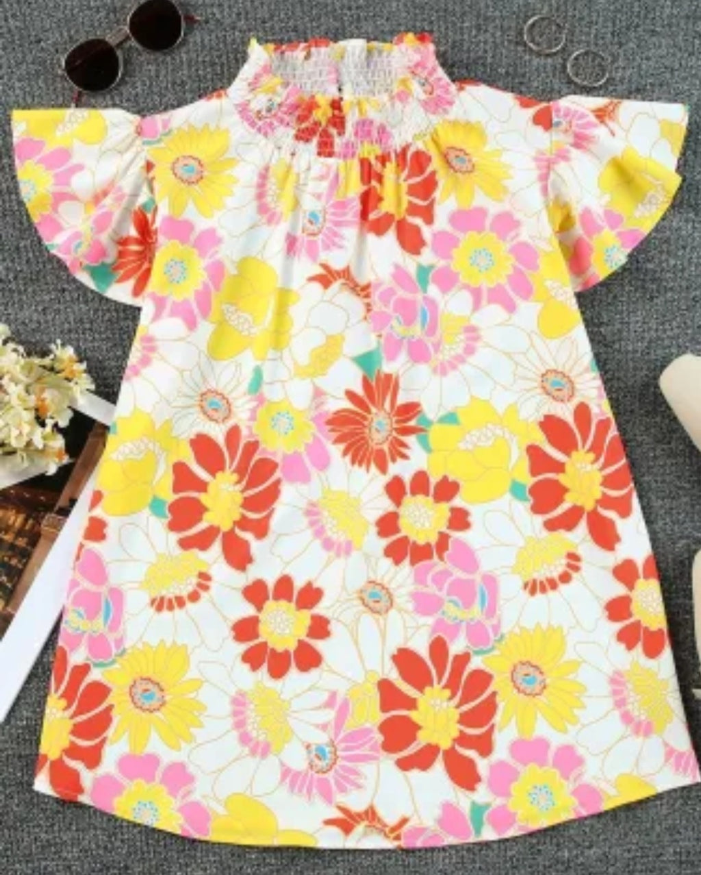 Multicolor Stand Collar Flutter Sleeves Floral Top