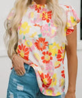Multicolor Stand Collar Flutter Sleeves Floral Top