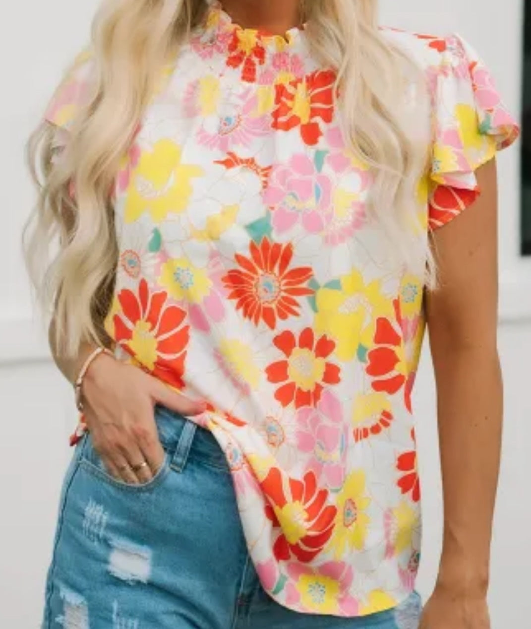 Multicolor Stand Collar Flutter Sleeves Floral Top