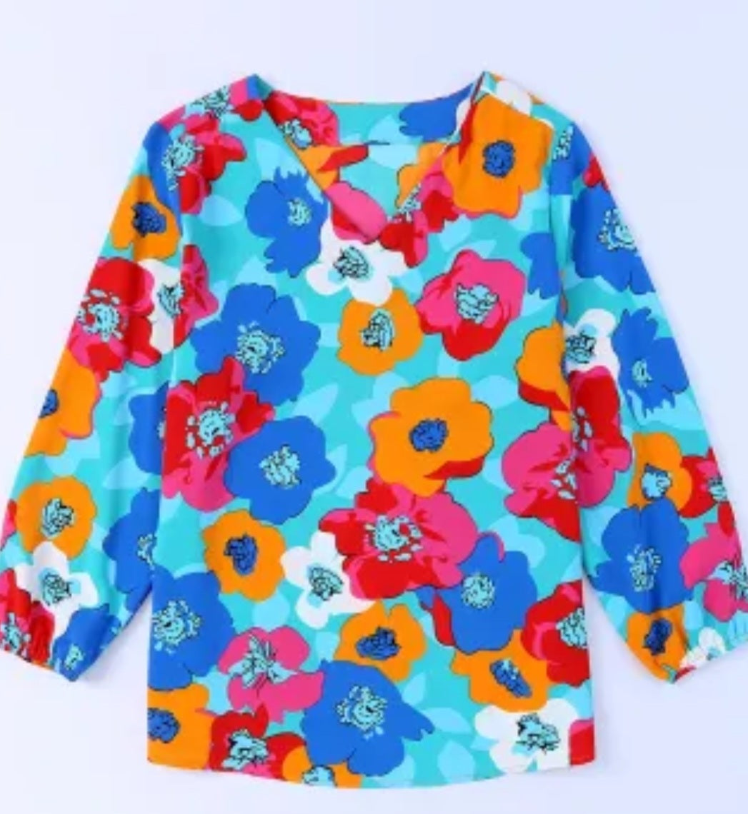 Multicolor Floral Print V Neck 3/4 Sleeve Blouse