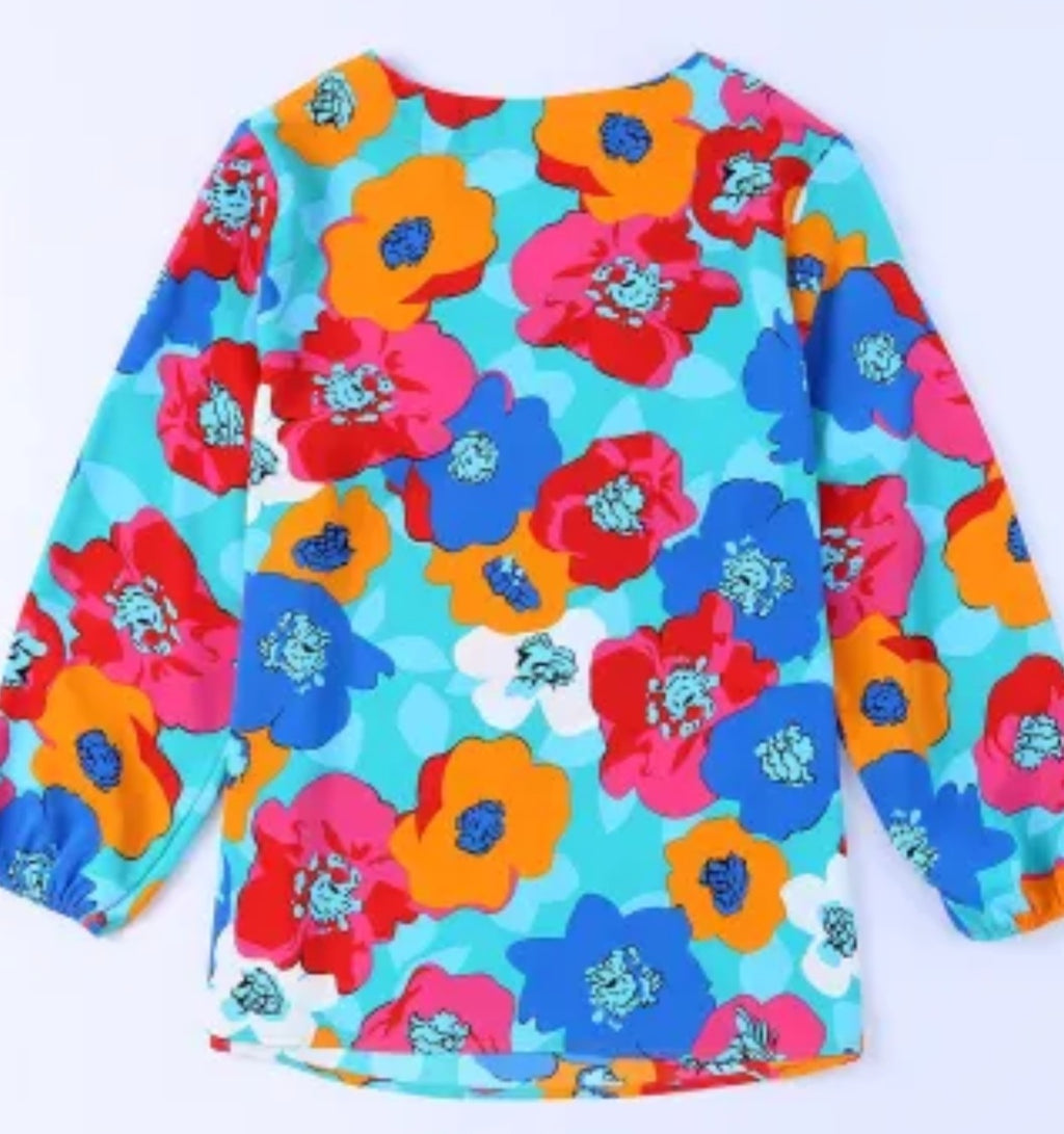Multicolor Floral Print V Neck 3/4 Sleeve Blouse