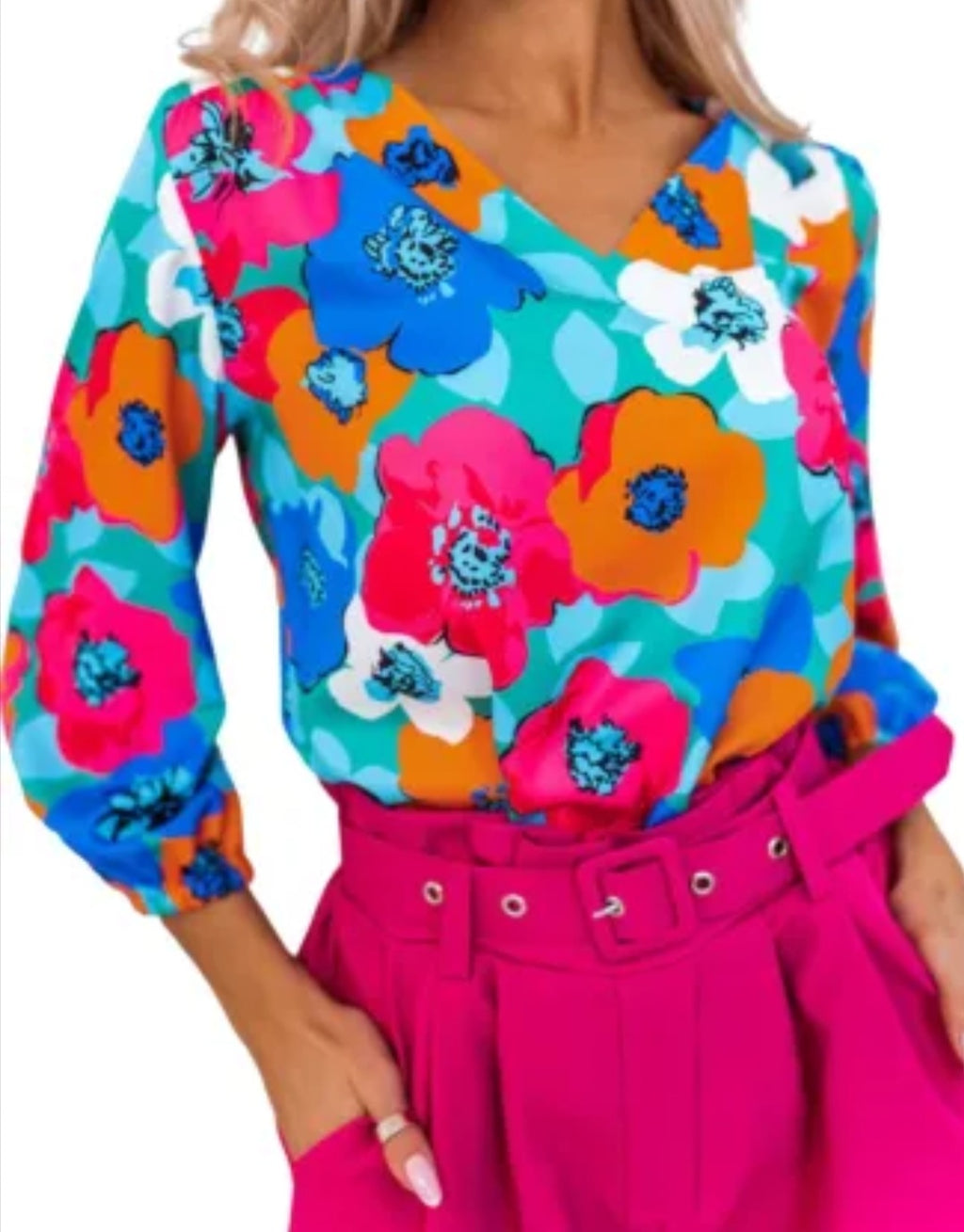 Multicolor Floral Print V Neck 3/4 Sleeve Blouse