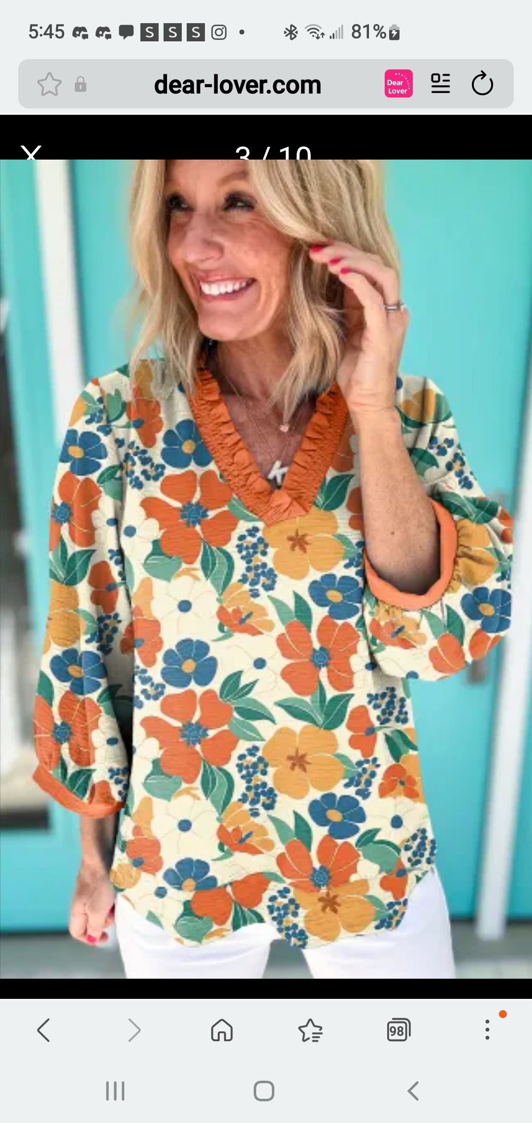 Orange Frilled V Neck Floral Print Bracelet Sleeve Blouse