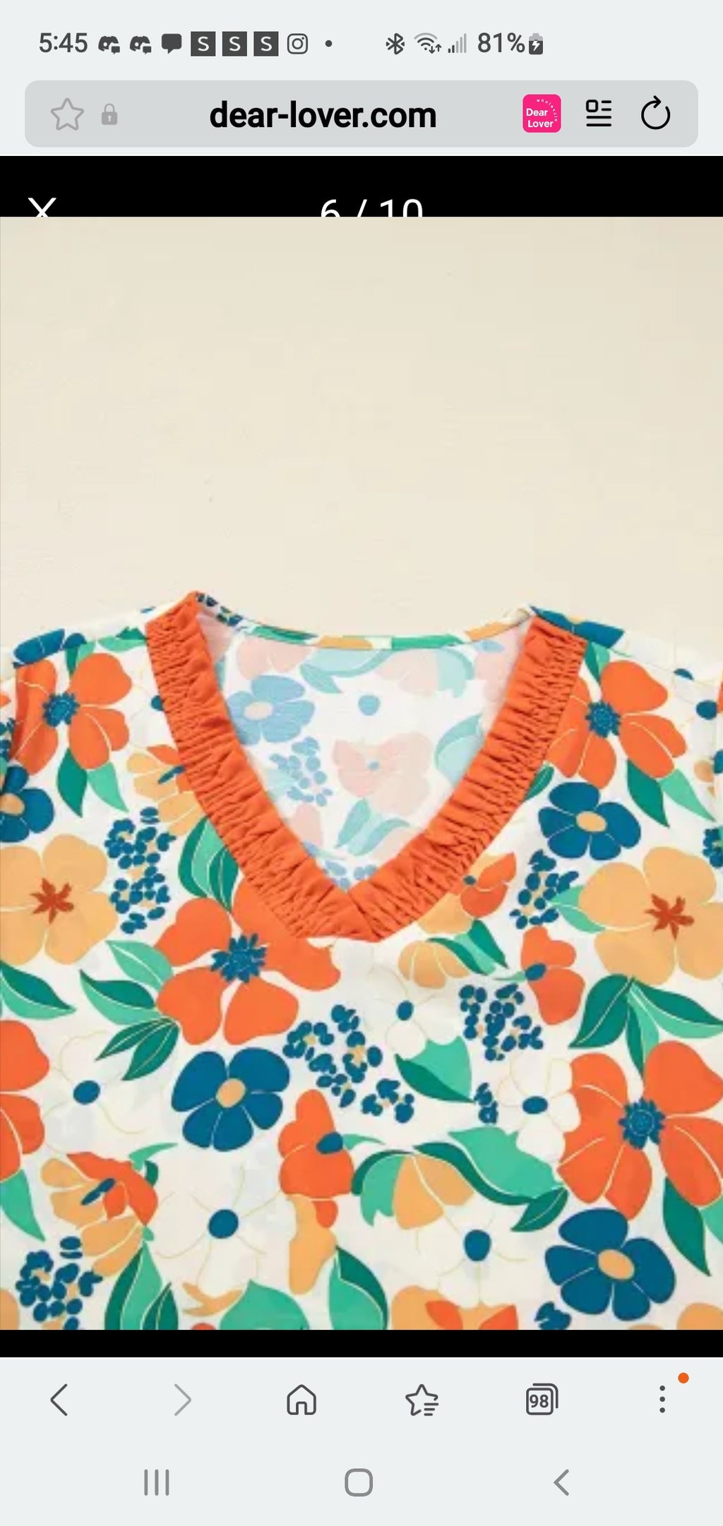 Orange Frilled V Neck Floral Print Bracelet Sleeve Blouse