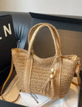 Light French Beige Rattan Woven Beach Vacation Shoulder Tote Bag