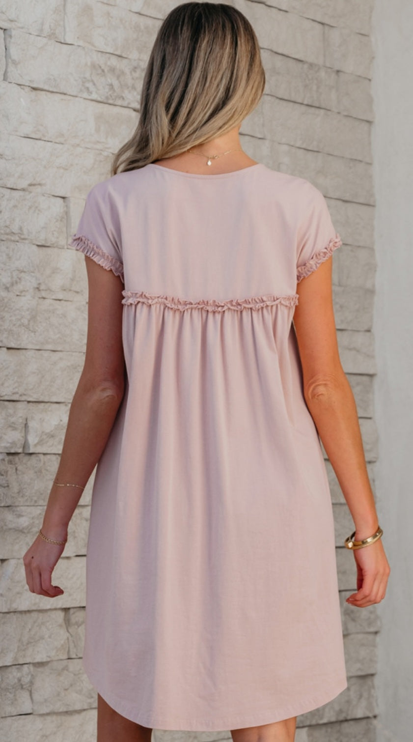 Oatmeal Frilled Trim Crew Neck Loose Fit Mini Dress