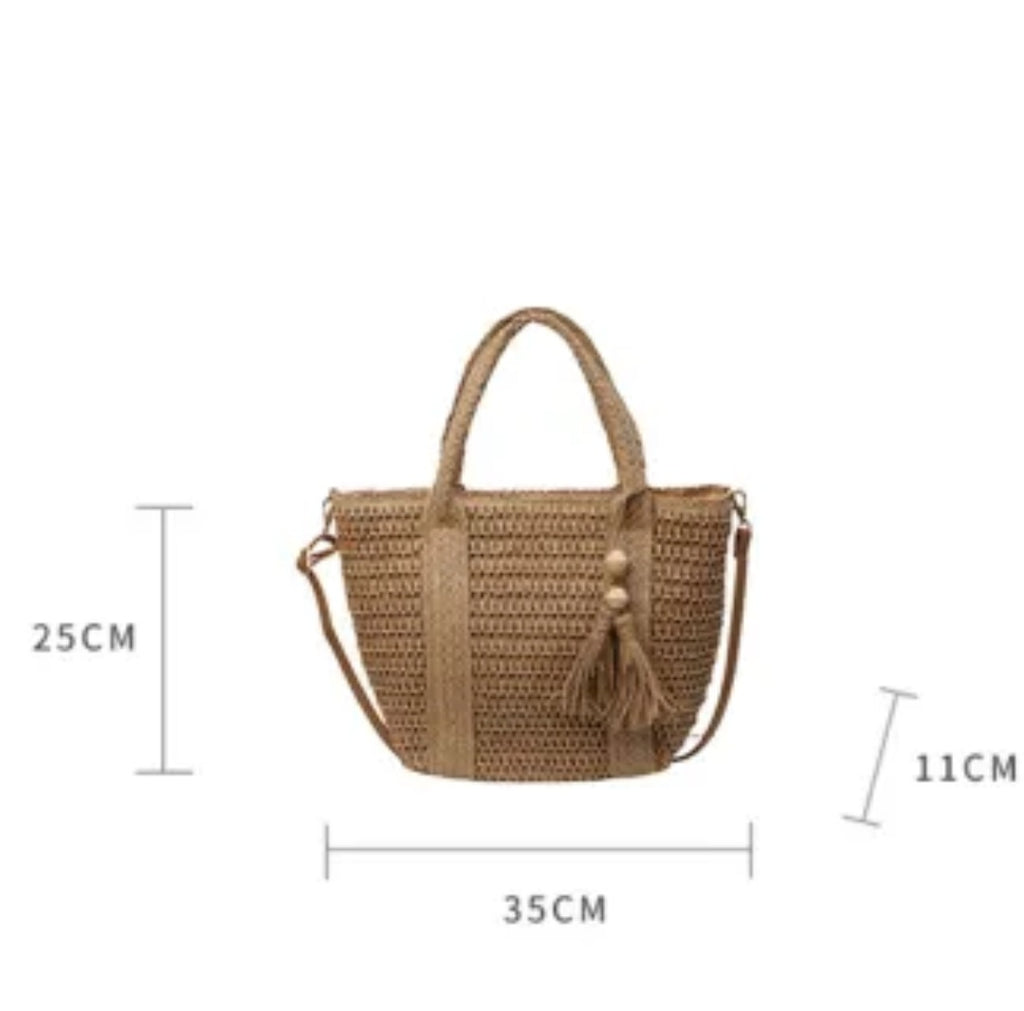 Light French Beige Rattan Woven Beach Vacation Shoulder Tote Bag