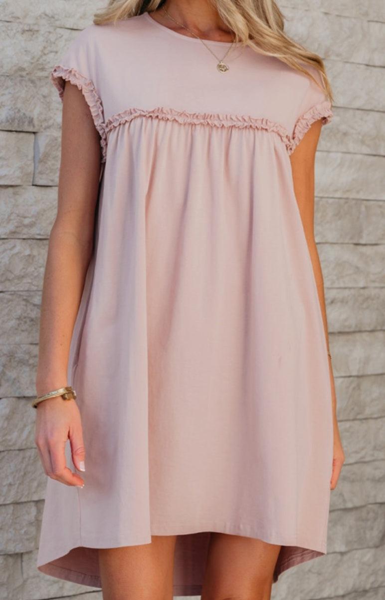 Oatmeal Frilled Trim Crew Neck Loose Fit Mini Dress