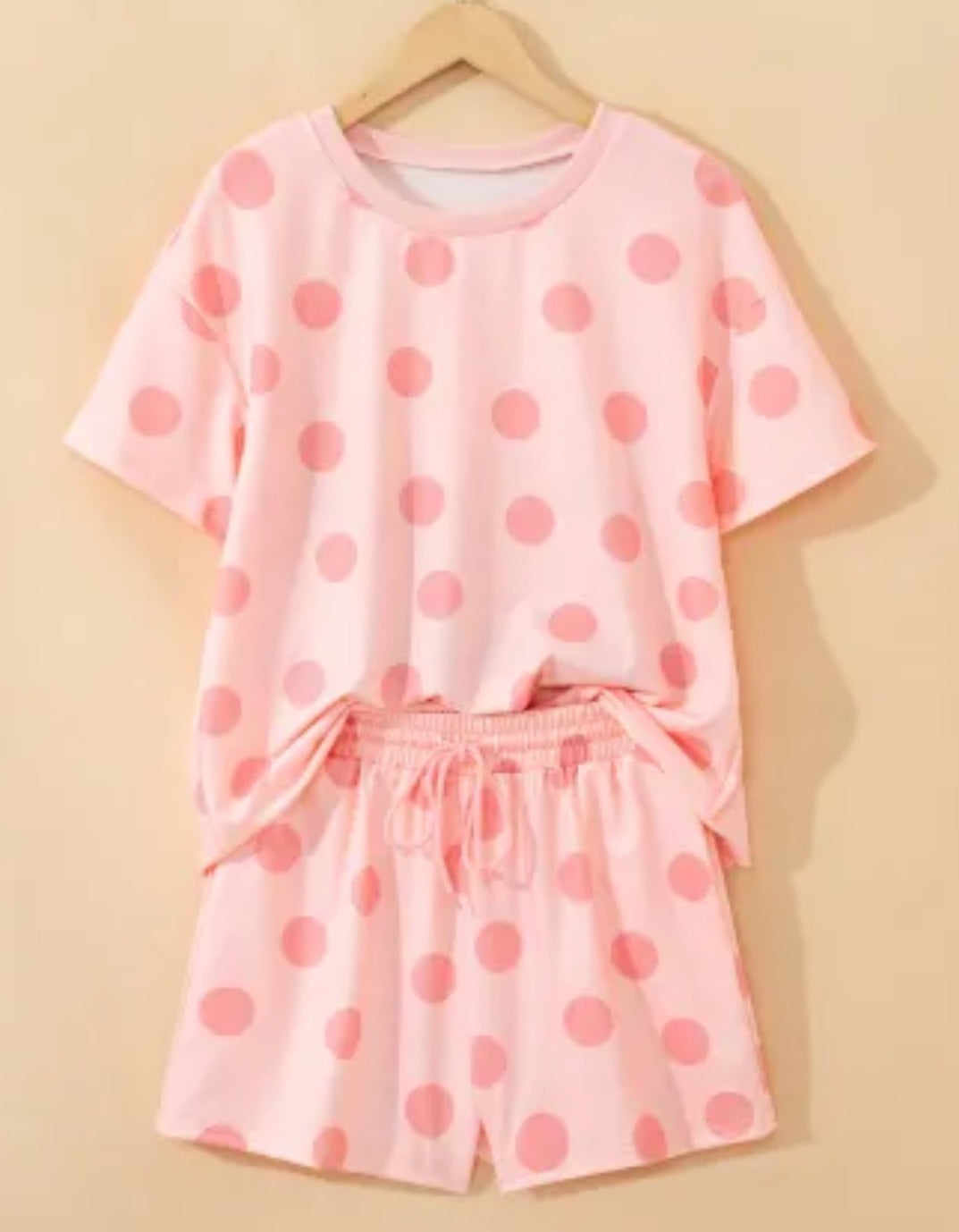 Pink Polka Dot Print Loose Tee Drawstring Elastic Waist Short Set