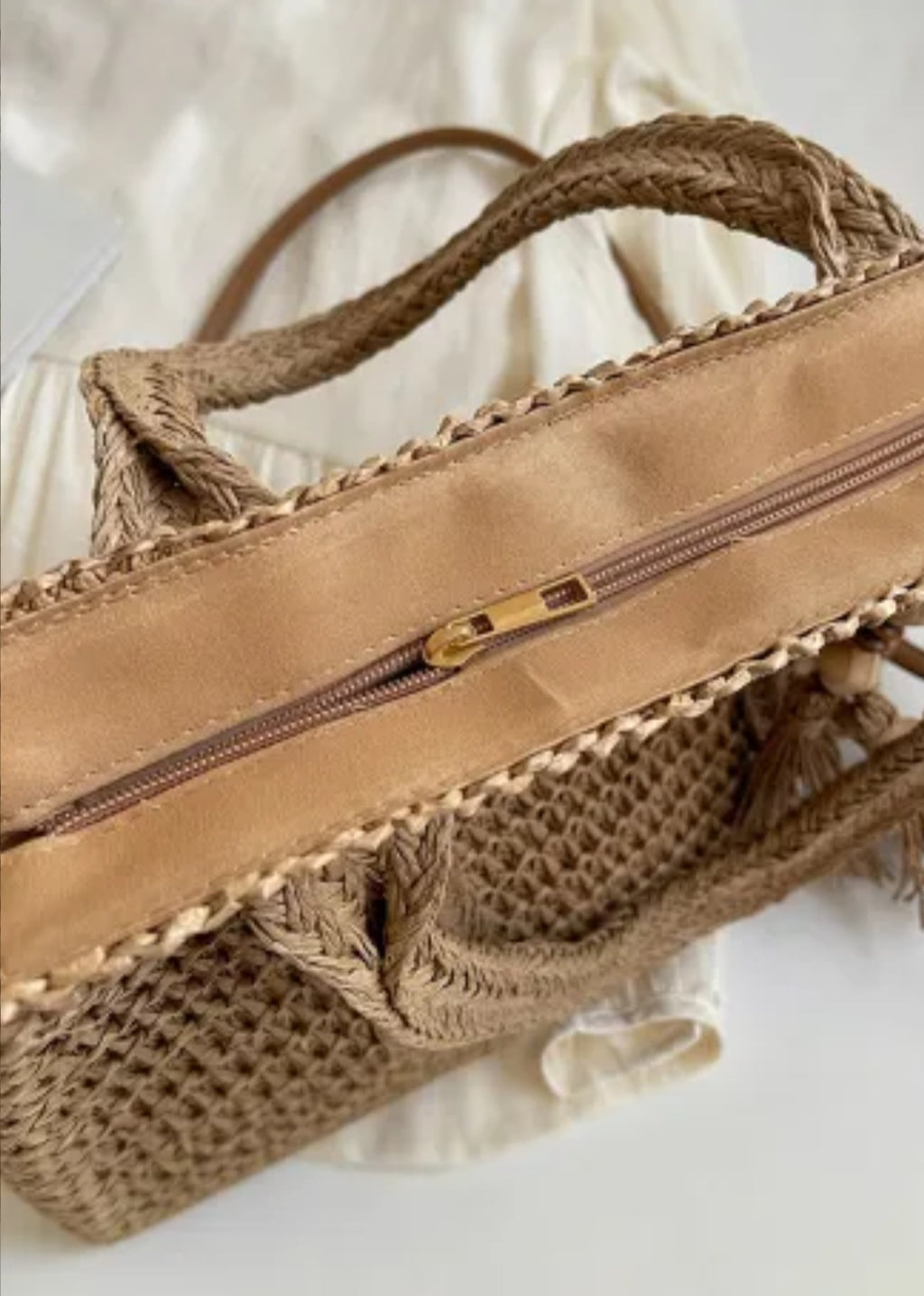 Light French Beige Rattan Woven Beach Vacation Shoulder Tote Bag