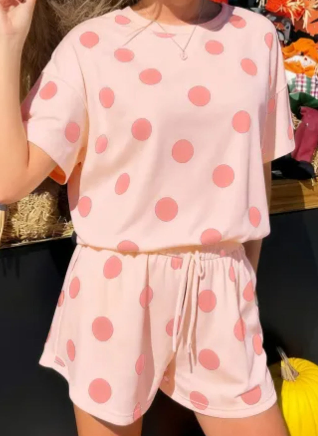 Pink Polka Dot Print Loose Tee Drawstring Elastic Waist Short Set