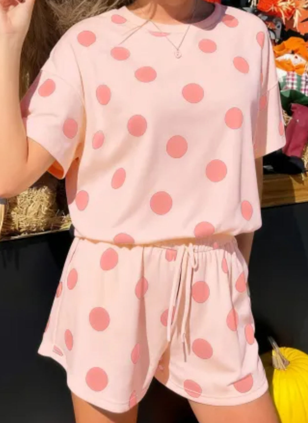 Pink Polka Dot Print Loose Tee Drawstring Elastic Waist Short Set