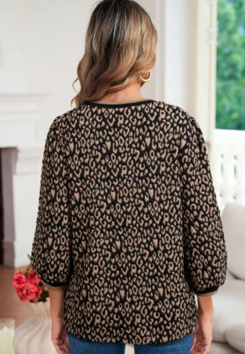 Black Leopard Print Puffy Bracelet Sleeve Contrast Trim Round Neck Top