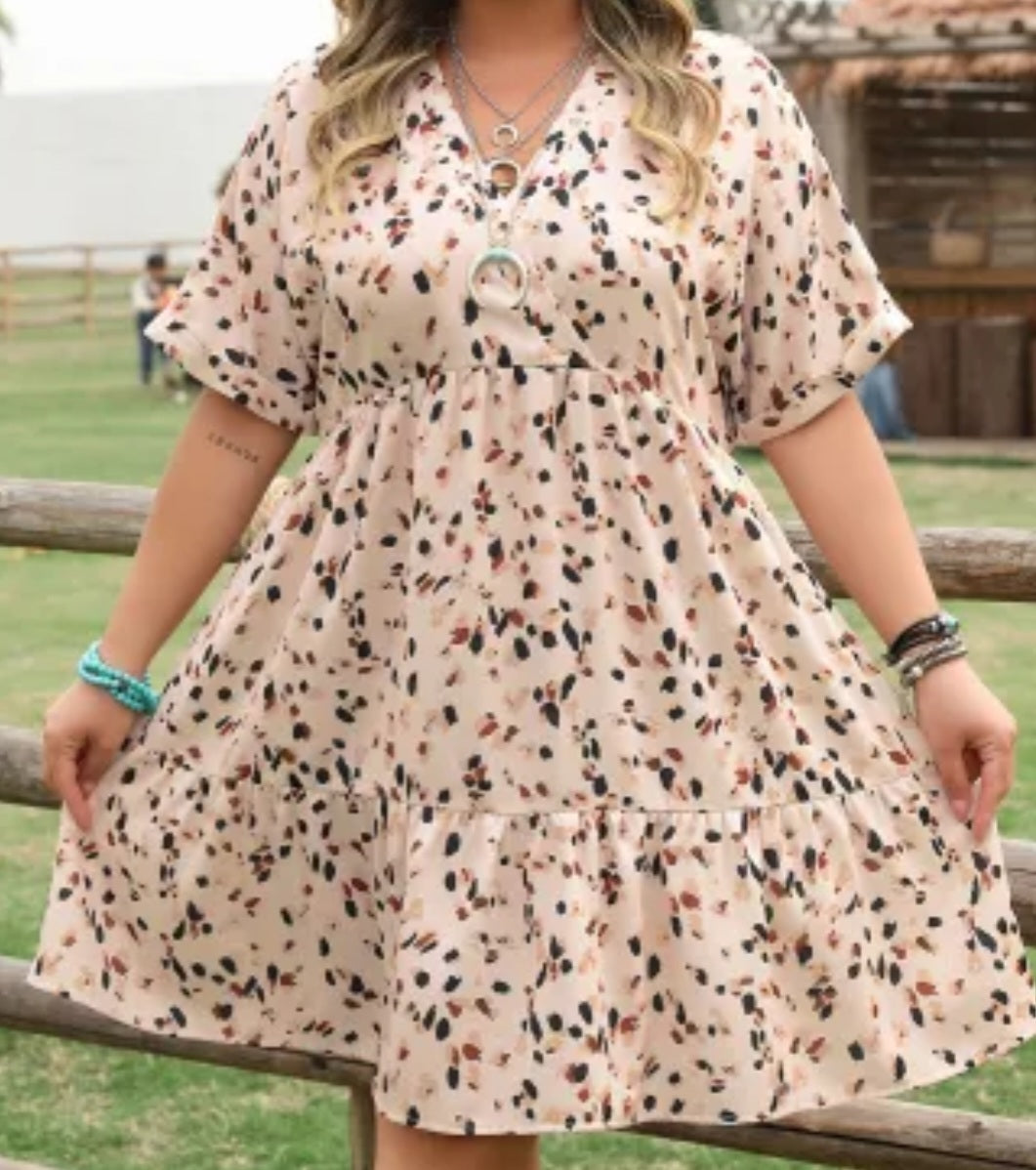 Beige Printed Surplice V Neck Cuffed Sleeve Empire Waist Plus Size Dress