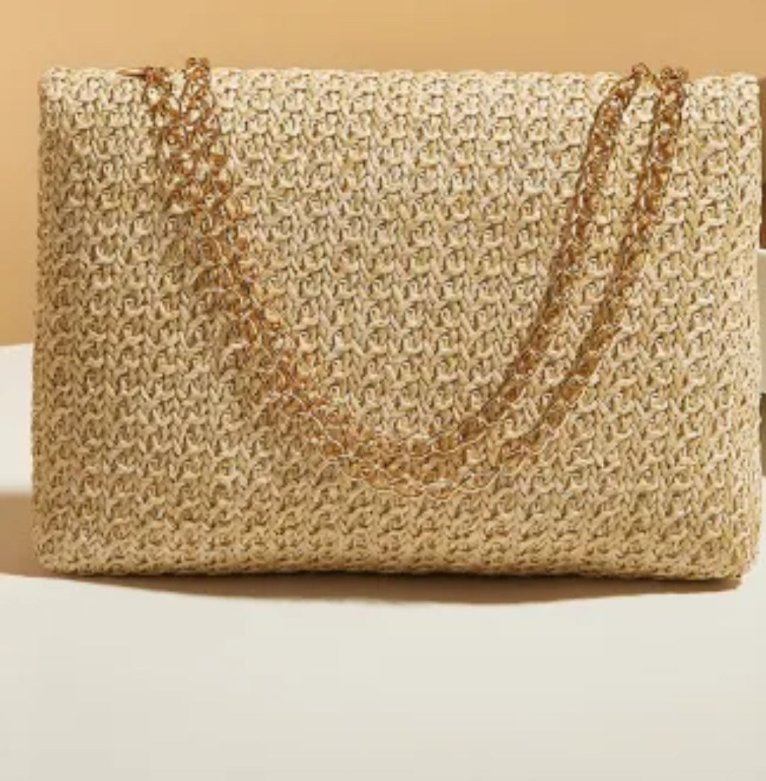 Camel Woven Chain Strap Flap Shoulder Bag