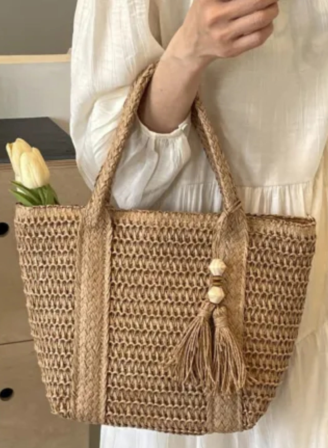 Light French Beige Rattan Woven Beach Vacation Shoulder Tote Bag